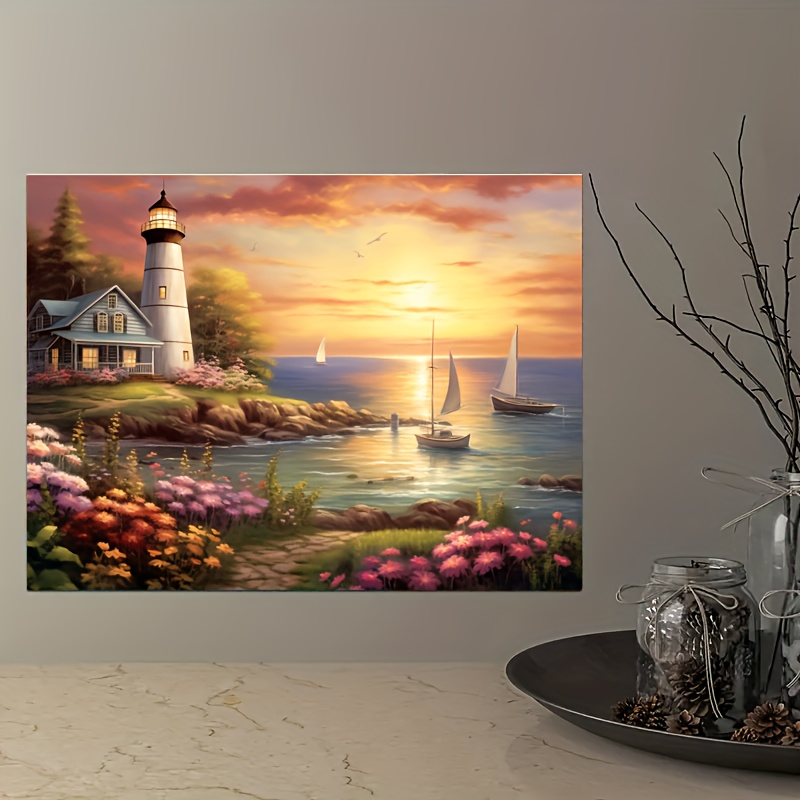 1pc Framed Seascape Canvas Print Poster Beach Lighthouse Canvas Wall ...