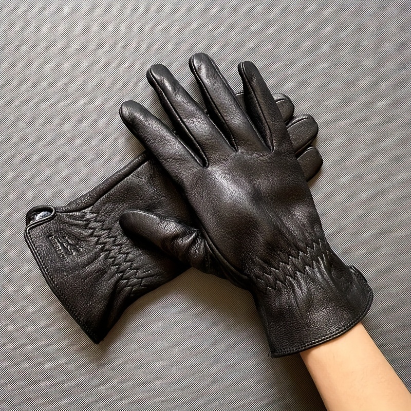 1 par de guantes de piel de cabra para hombres con textura de venado,  guantes de cuero genuino oscuros con forro cálido y diseño comercial simple  para