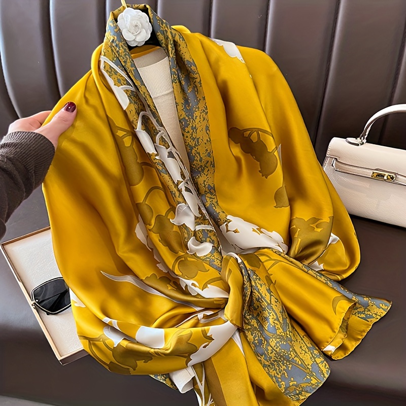 

Golden Tulip Print Large Scarf Elegant Imitation Silk Shawl Casual Sunscreen Windproof Head Wraps Satin Scarves For Women