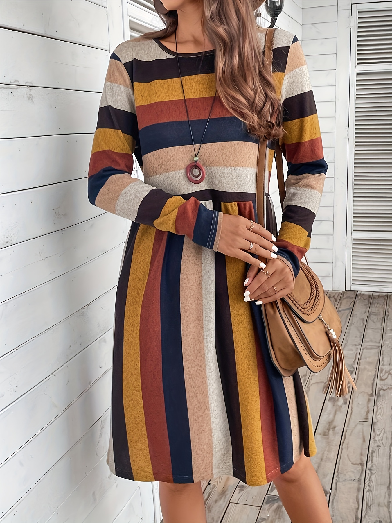 Striped Print Crew Neck Dress, Casual Long Sleeve Dress For Spring & Fall,  Women's Clothing, High-quality & Affordable