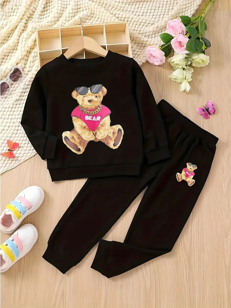 2pcs girls street style outfit sunglasses bear pattern sweatshirt sweatpants set kids clothes for spring fall details 1