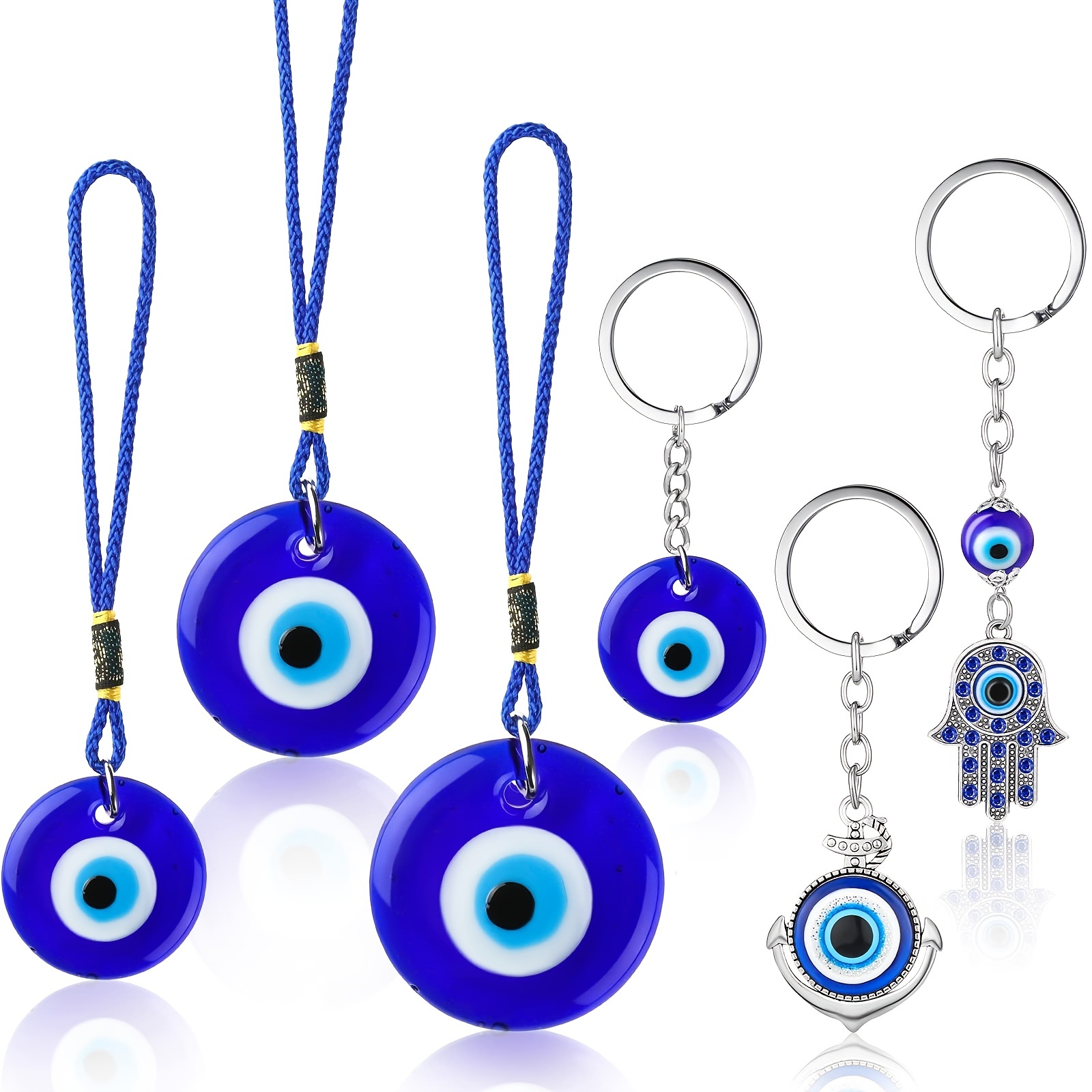 6pcs Blue Glass Evil Eye Keychain - Key Chain, Evil Hand Keyring, Silvery Round Eye Keychains for Men & Women