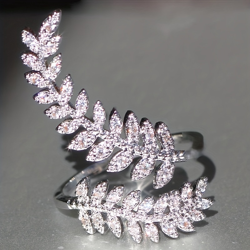 925 Silver Plated Zirconia Olive Leaves Ring Adjustable