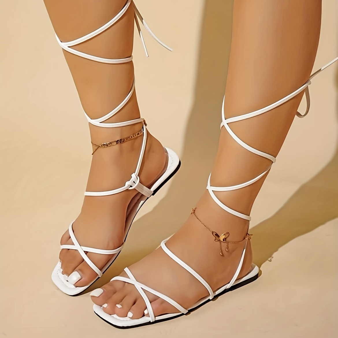 Women's Ruffle Lace Flat Sandals Solid Color Open Toe Non - Temu