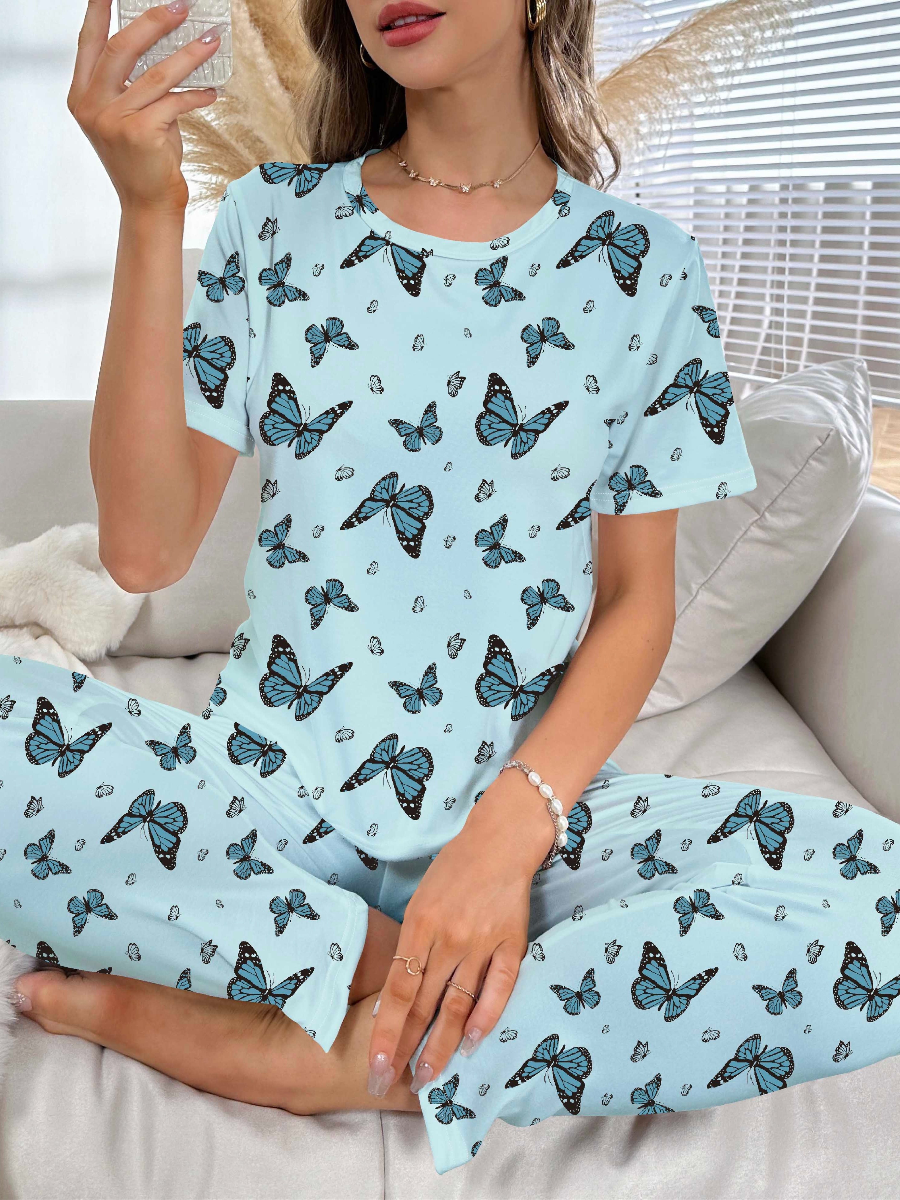 Women's Pajamas Set Lady Sleepwear Short Sleeve Nightgown Top+Pants  Homewear