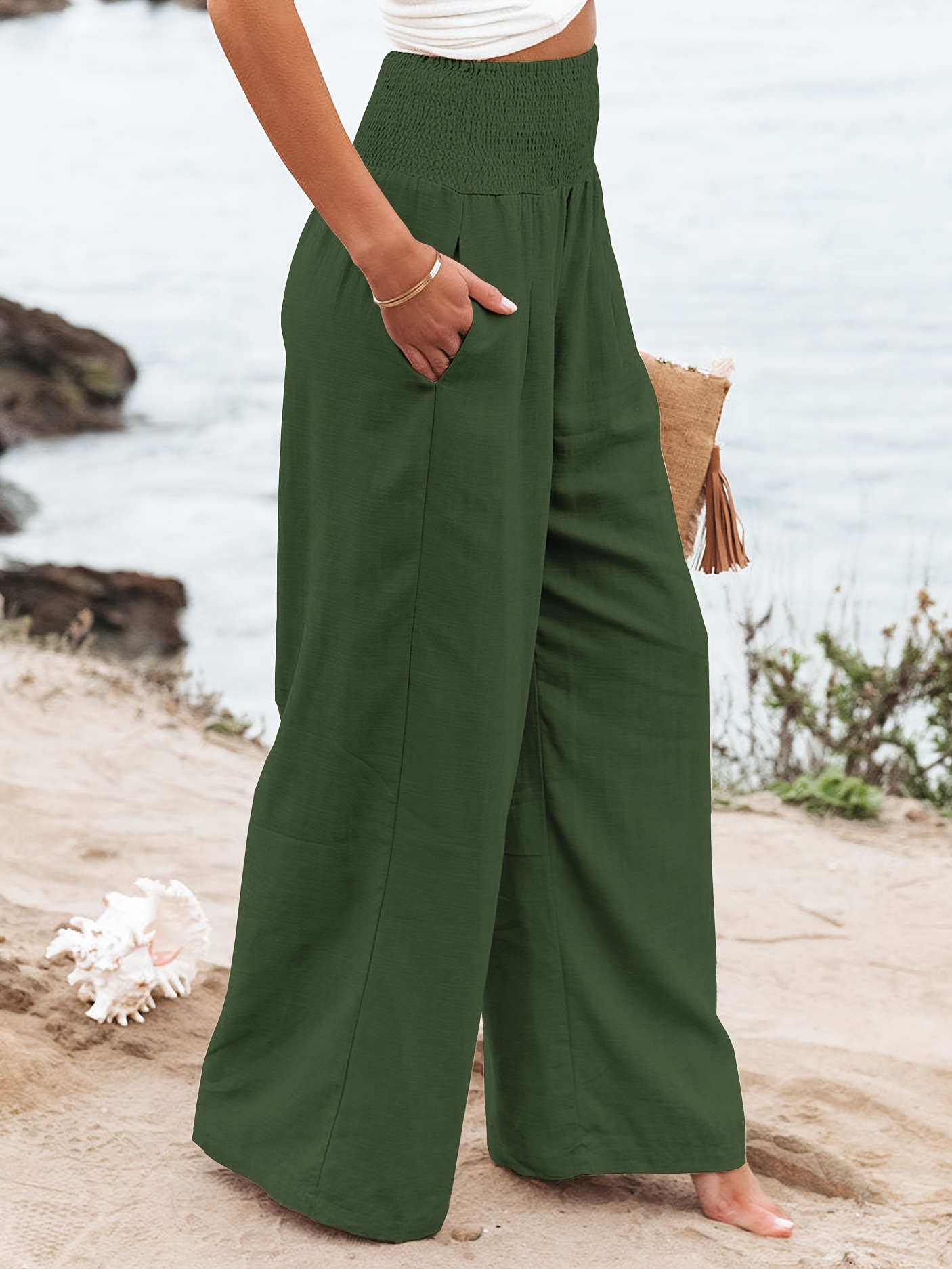 Light Green Solid Full Length Casual Women Loose Fit Pants - Selling Fast  at