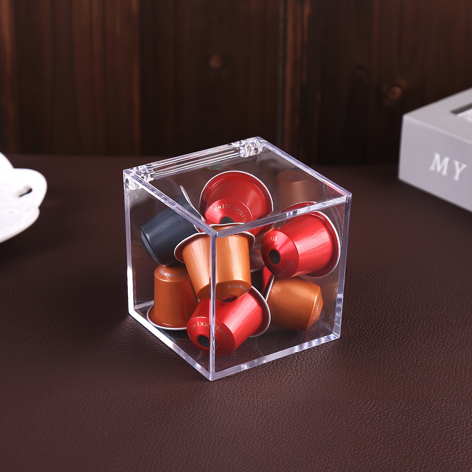 Boîte de rangement pour capsules de café Nespresso, en acrylique, avec  couvercle en bambou, transparente, anti