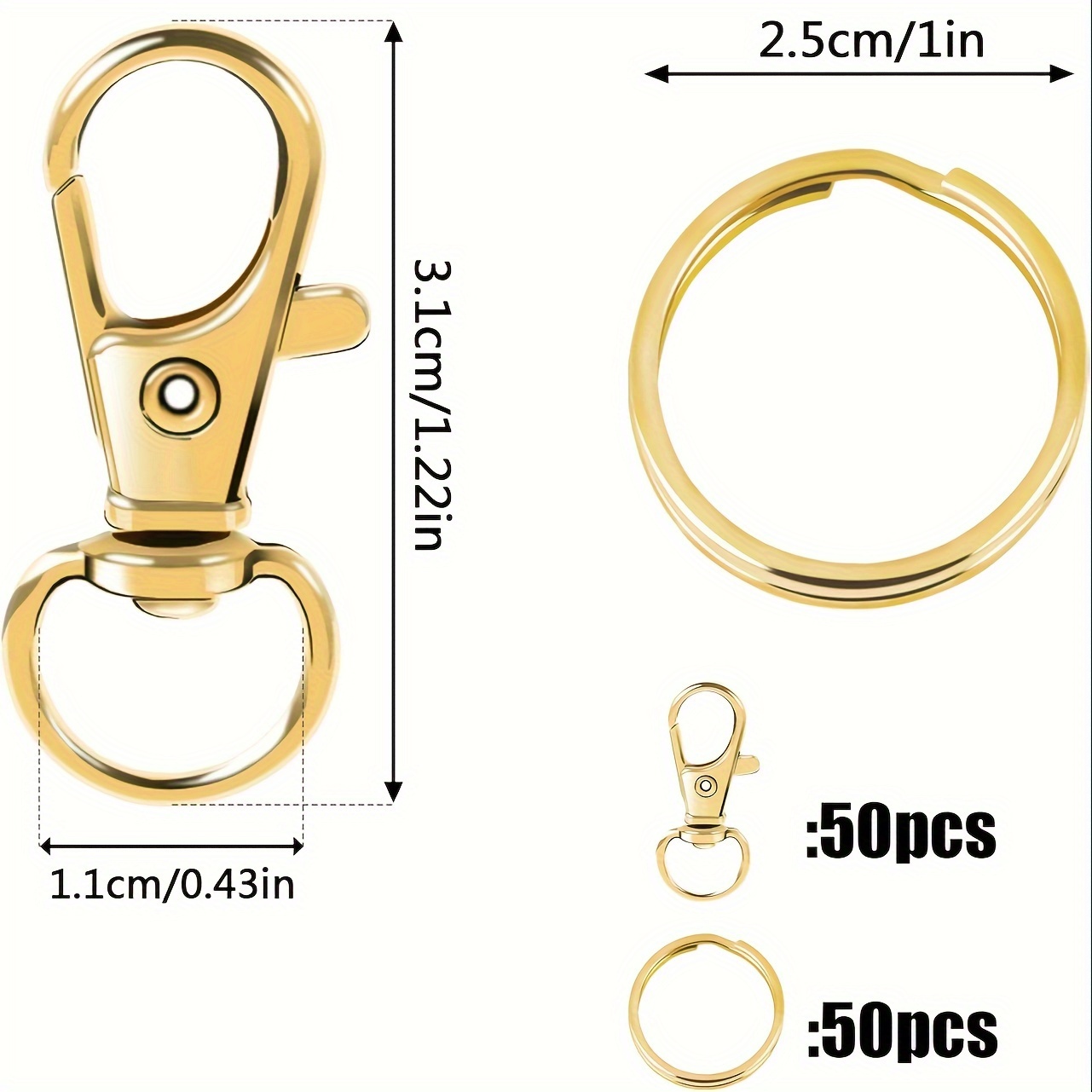 AUGSUN 100pcs Gold Swivel Clasps Lanyard Snap Hooks with Key Rings, Key Chain Clip Hooks Lobster Claw Clasps for Keychains Jewelry DIY Crafts