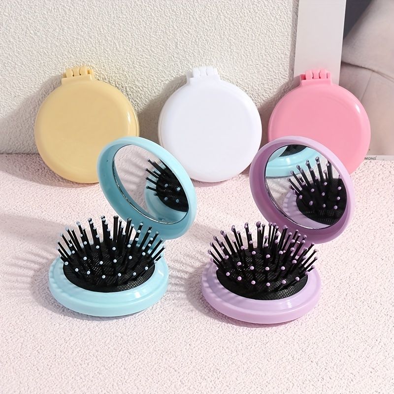 Folding Hair Brush With Mirror Round Mini Compact Massage Comb Airbag Comb  For Purse Pocket Travel Size For Girls And Women | High-quality &  Affordable | Temu