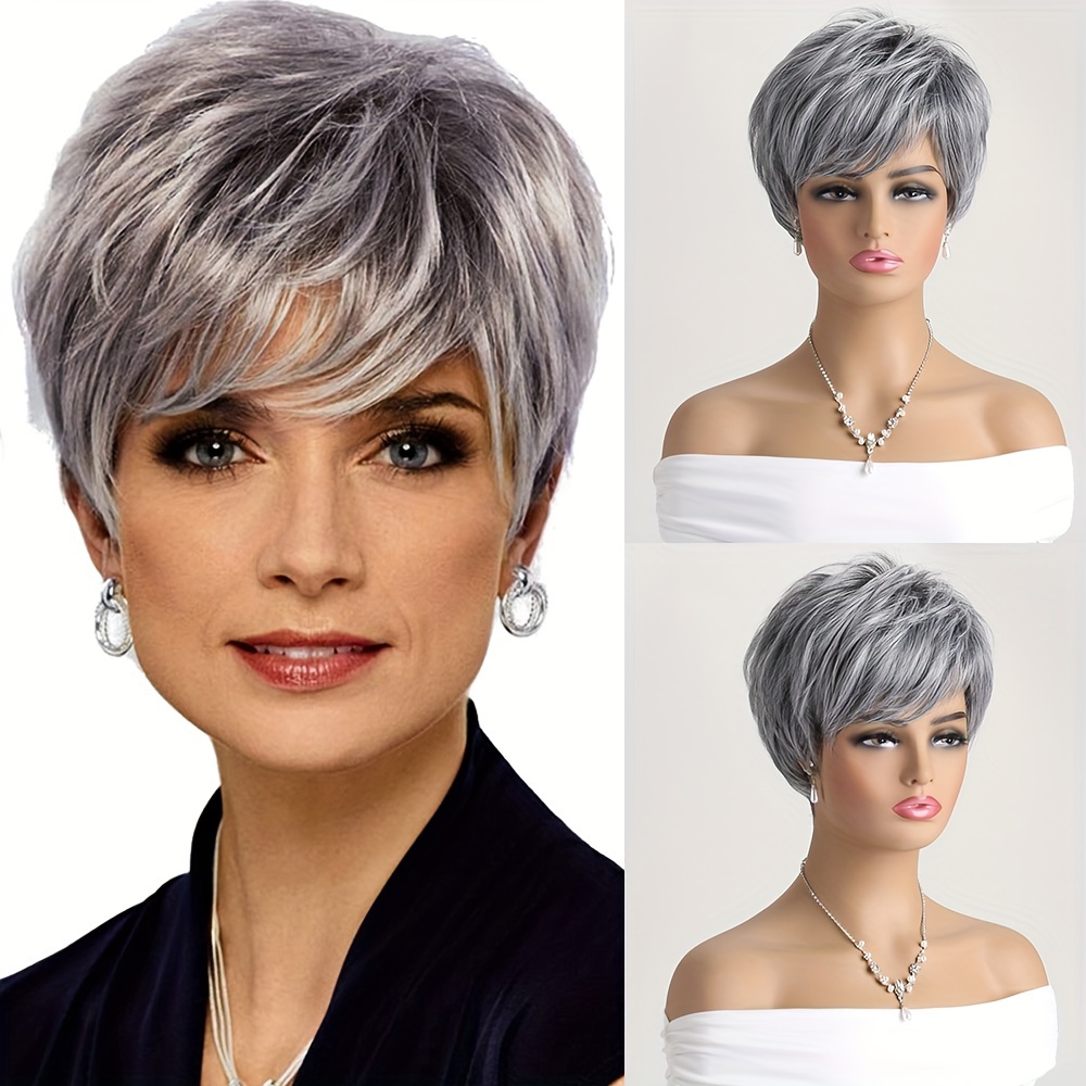 

Elegant Grey Mixed Short Curly Wig With Side Bangs For Women - 10" Synthetic Fiber, High-density, Heat Resistant -