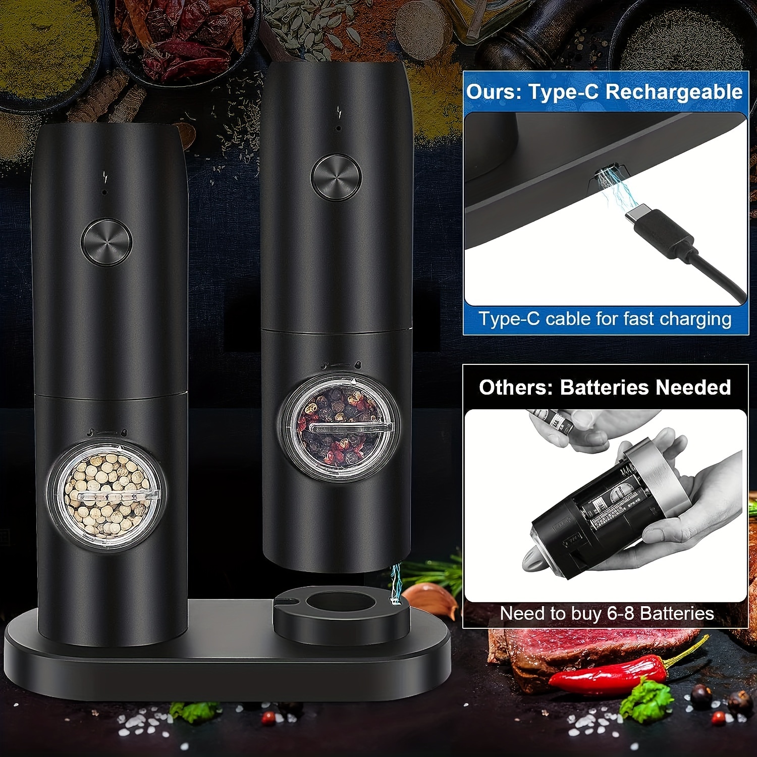 Electric Salt and Pepper Grinder Set - Rechargeable USB Cable, LED Lights, Automatic Pepper and Salt Mill Grinder Set Refillable, Adjustable
