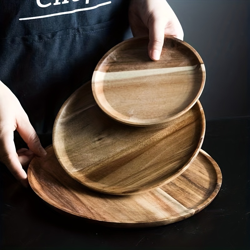 AIDEA Juego de 4 platos de madera de acacia, platos redondos de madera de  11 pulgadas, fáciles de limpiar y ligeros para platos, aperitivos, postres