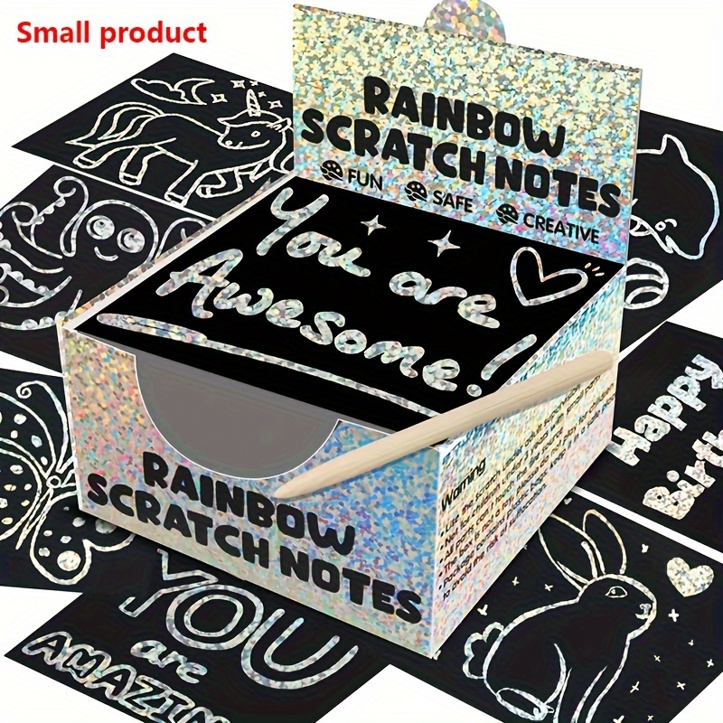 100pcs/Box Rainbow Scratch Mini Notes Paper Pad Cards with 2Stylus 2Drawing  Stencil Children Kids Draw Painting Toys Craft Gifts
