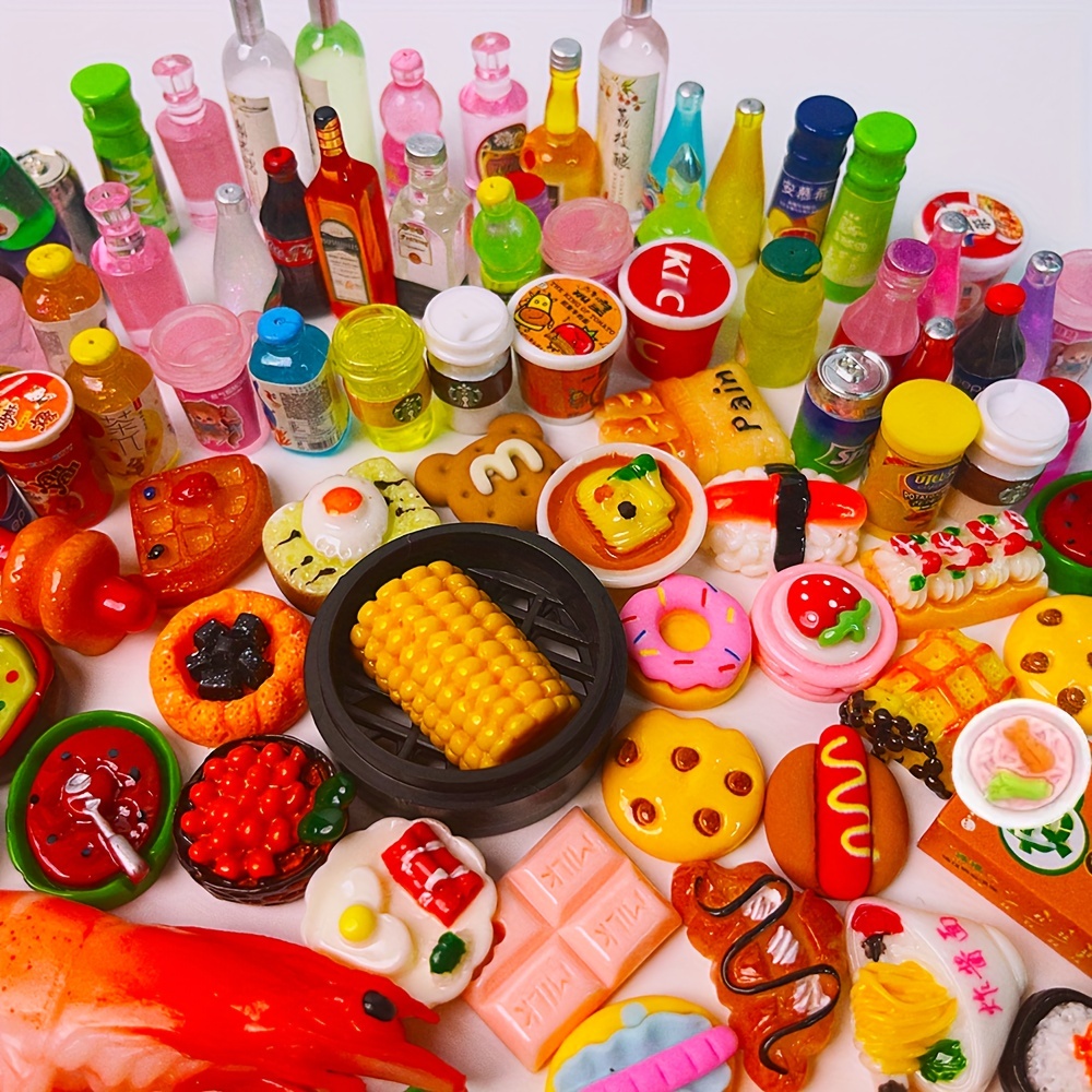 100pcs Miniature Food Drinks Bottle Toys Dollhouse Mixed Resin Accessories for Adults Kids Kitchen Accessories for Pretend Play Hamburger, Pizza,Cake