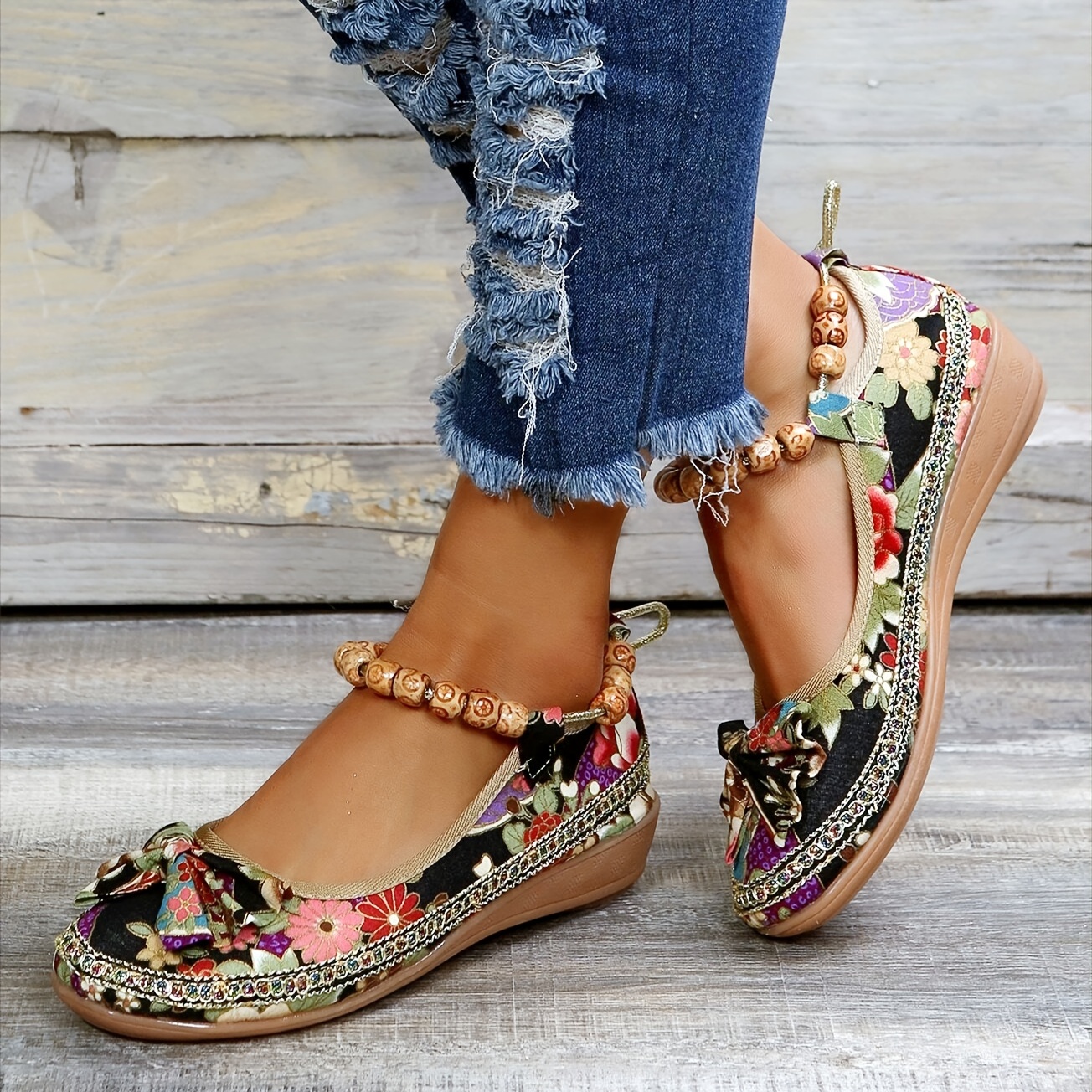 Women's Floral Print Flat Shoes Tribal Style Ankle Strap - Temu