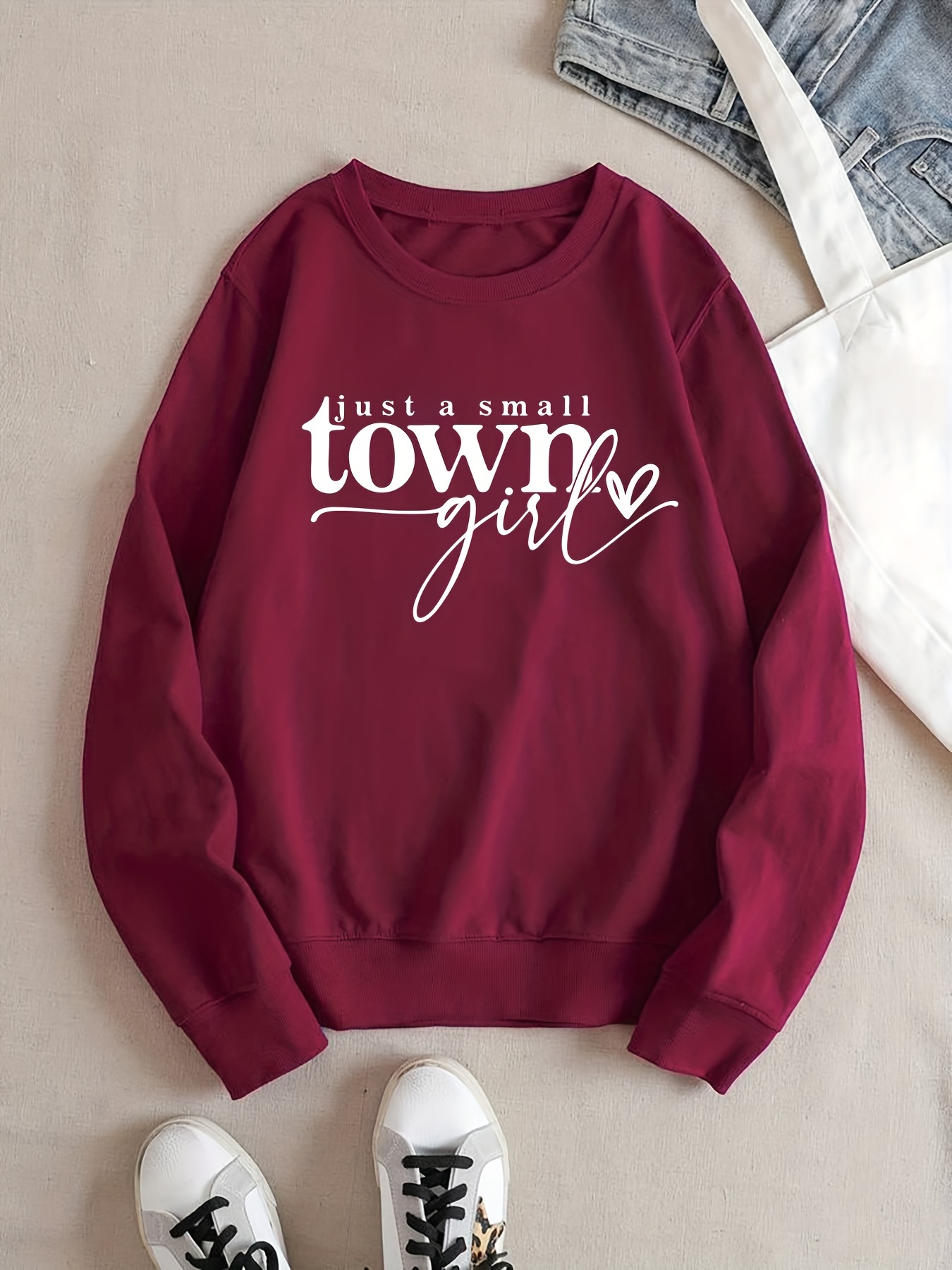A Small Town Girl Print Sweatshirt Casual Crew Neck Long - Temu