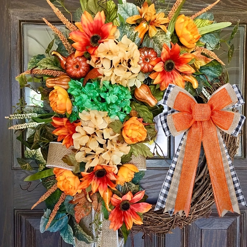 Fall Bows for Wreaths Already Made Orange Buffalo Plaid Burlap Bow