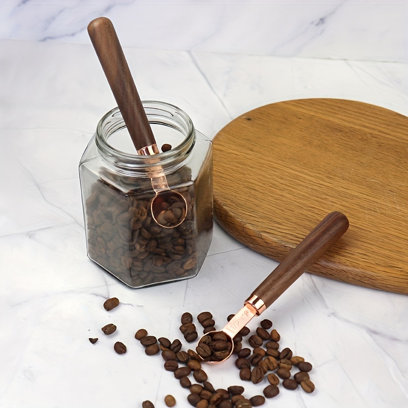 Measuring Cups & Spoons with Walnut Wood Handles, Stainless Steel and Rose Gold, Brown