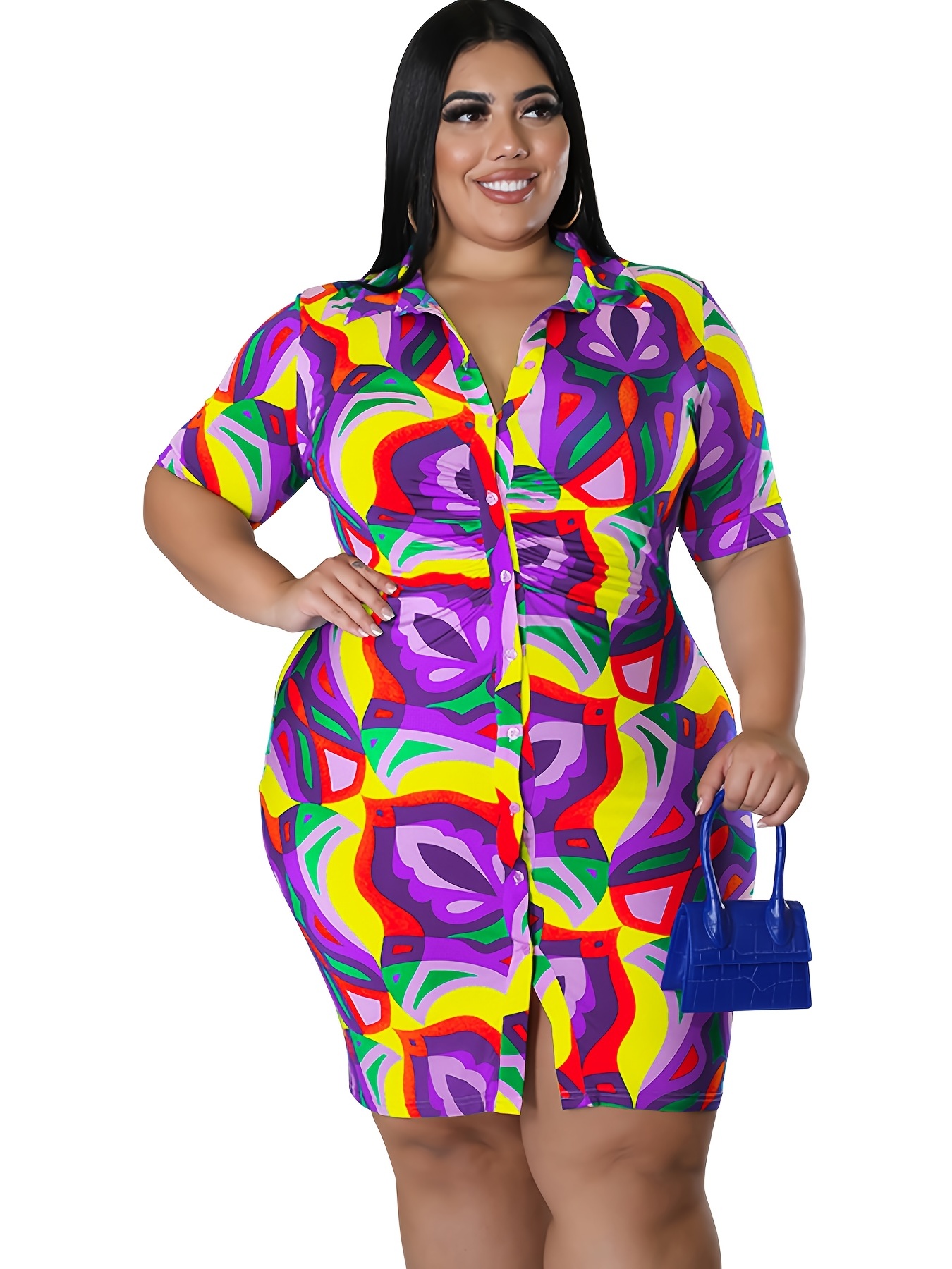 Plus Size Women Print Turndown Collar Short Sleeve Shirt Dress