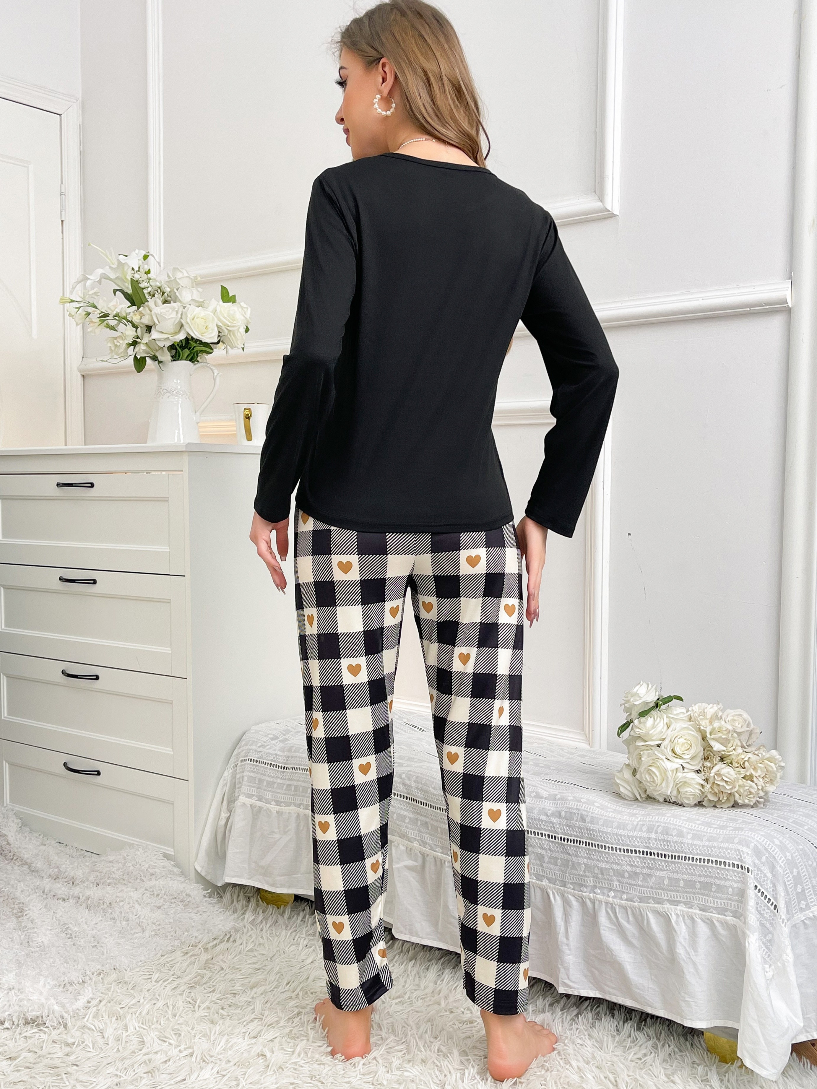 Letter Print Pajama Set Long Sleeve Crew Neck Top Plaid - Temu Germany