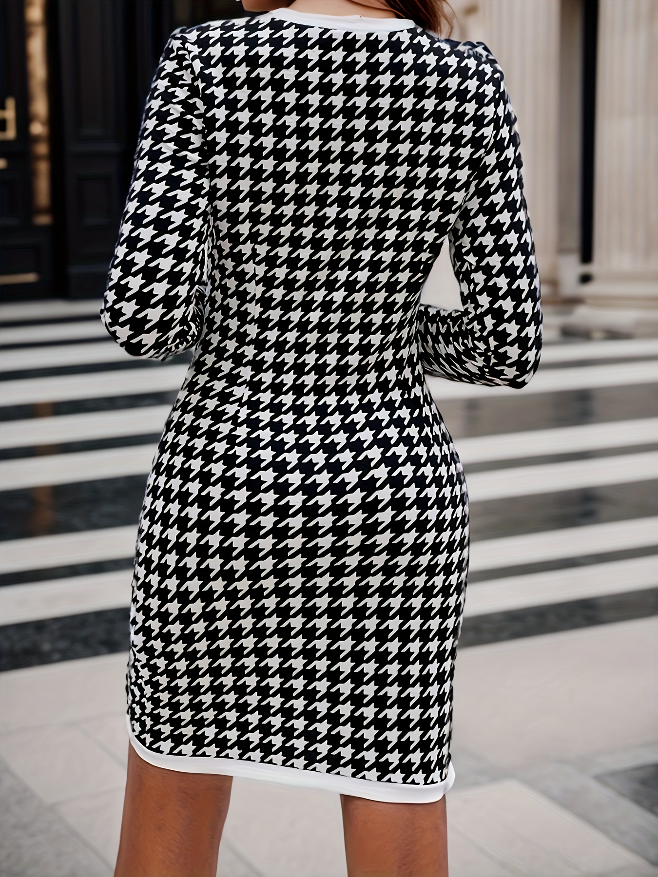 Dresses for Women Houndstooth Print Dress (Color : Black and White