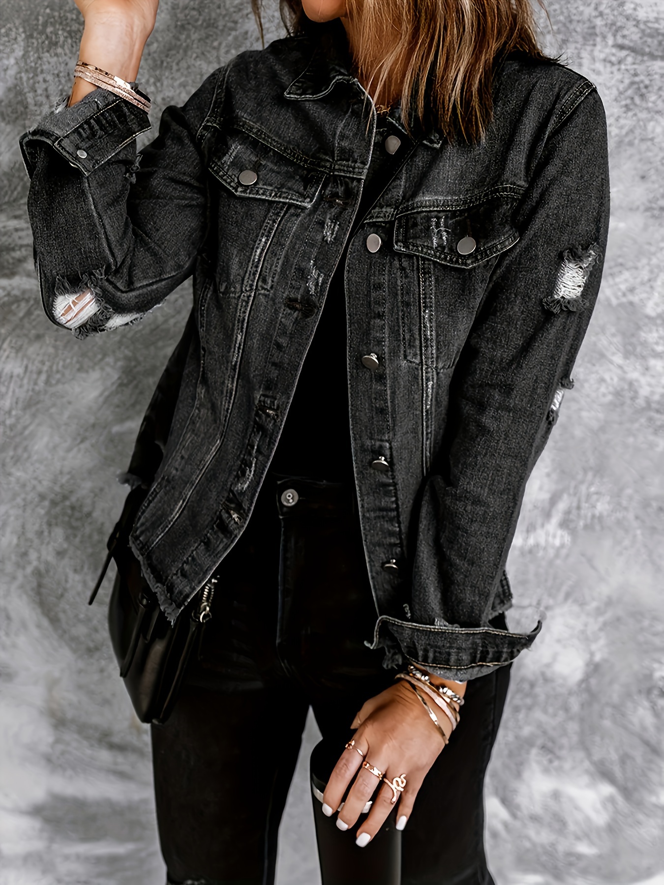 Ripped black hot sale denim jacket