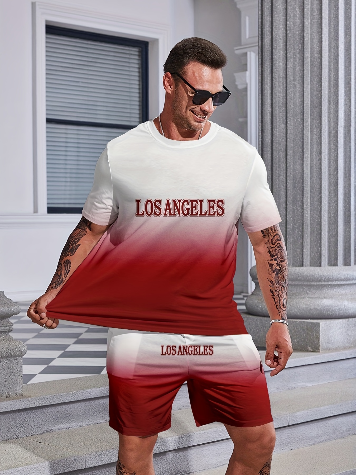 Plus Size Men's Gradient los Angeles T shirt Shorts Set - Temu
