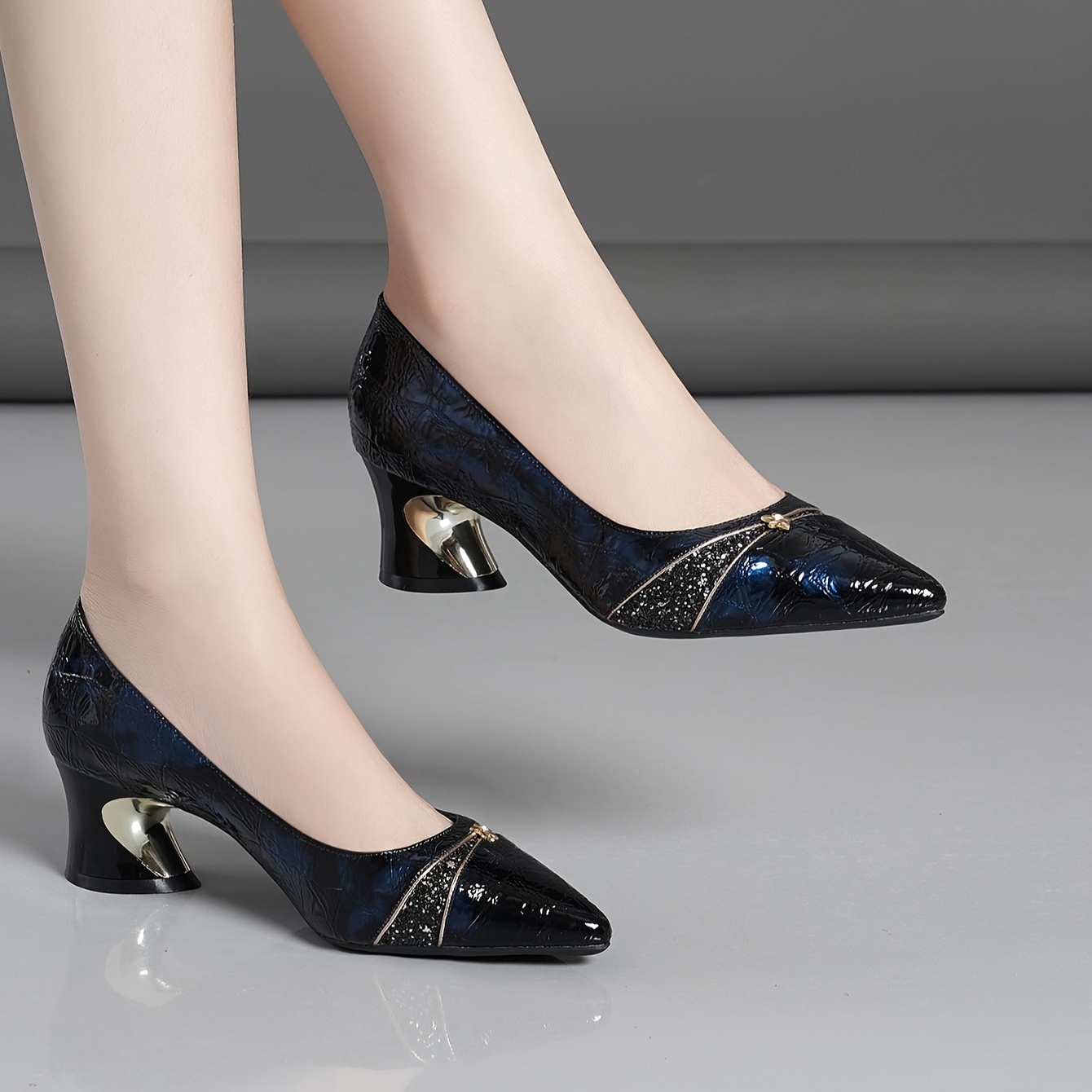 Women's Glitter Decor Chunky Low Heel Shoes Elegant Point - Temu
