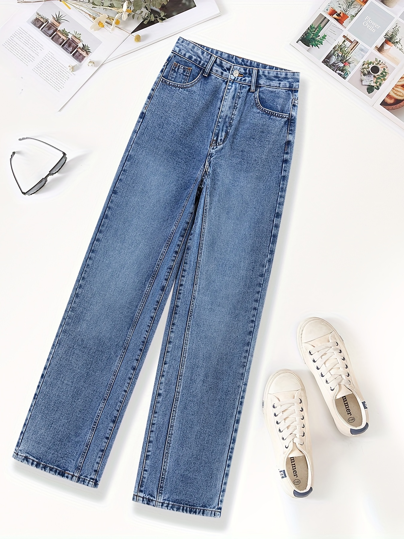 Blue High Waist Straight Jeans Loose Fit Non stretch Split - Temu