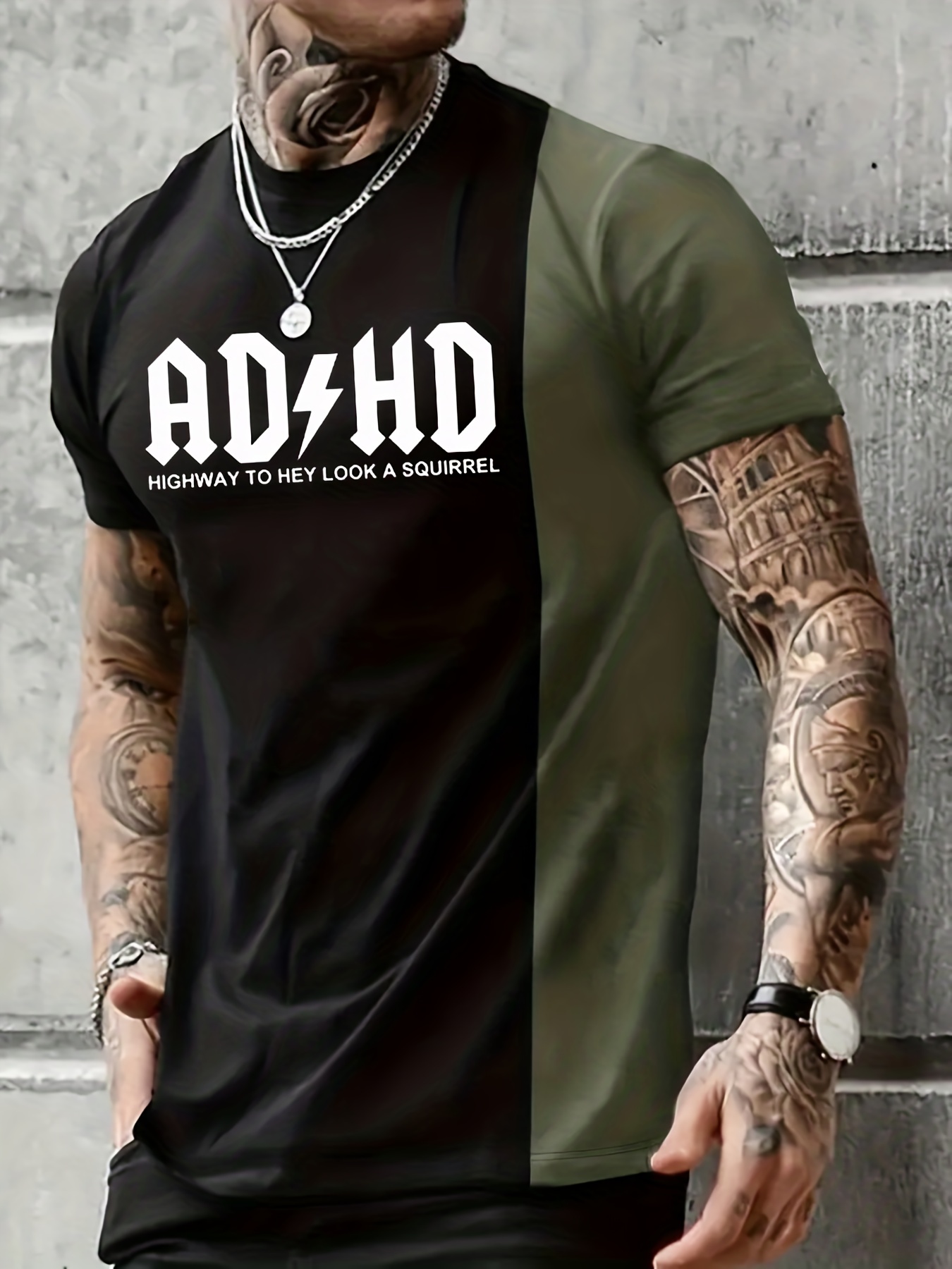 Adhd Letter Print Color Block Short Sleeve T shirts Men Plus