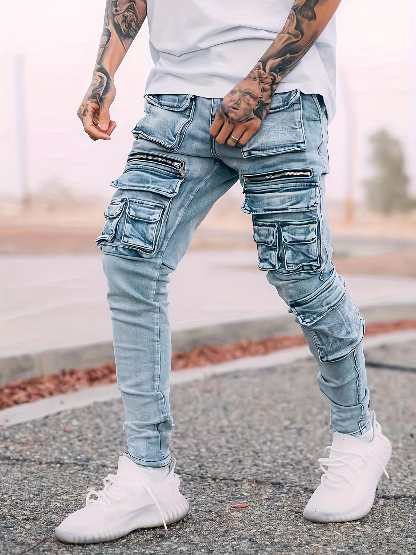 Men's Casual Skinny Biker Jeans Street Style Chic Medium - Temu