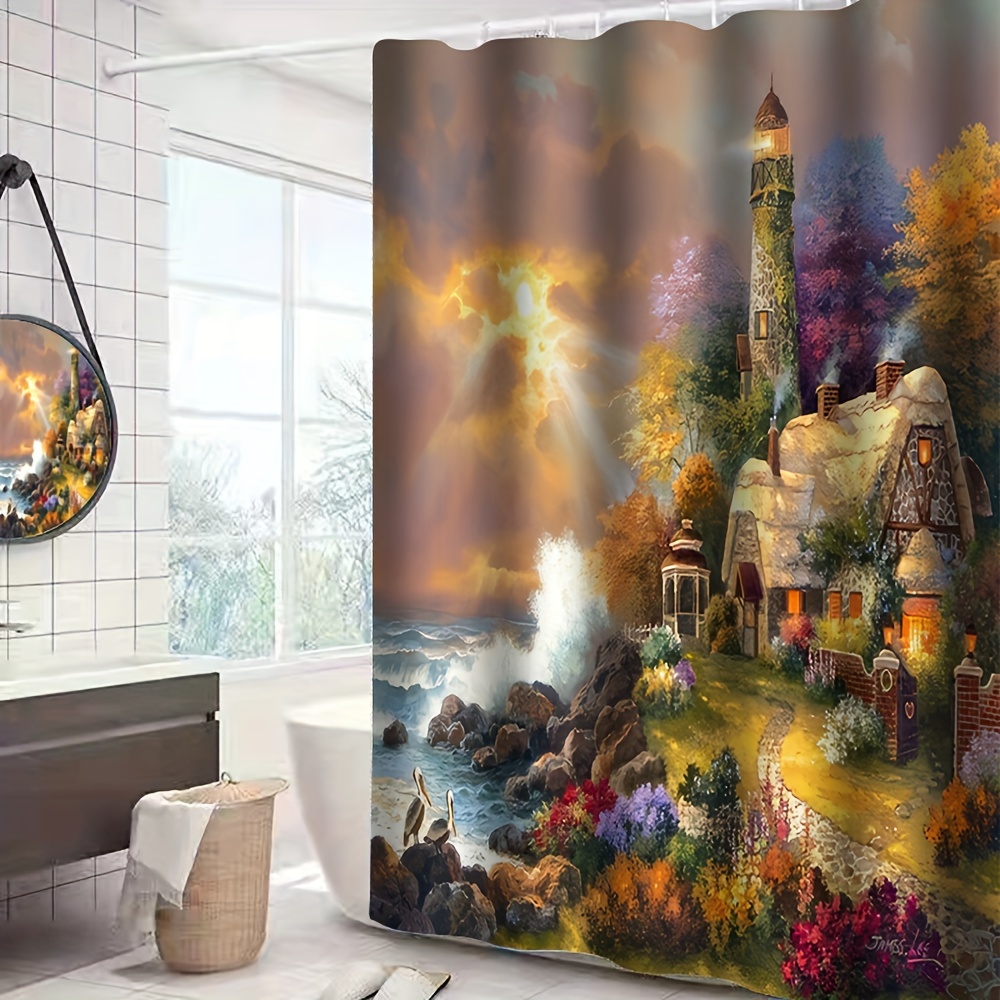 4pcs Seaside Castle Pattern Shower Curtain Set, Bathroom Rug, U-Shape Mat,  Toilet Lid Pad, Waterproof Curtain With 12 Hooks, Aesthetic Bathroom Decora