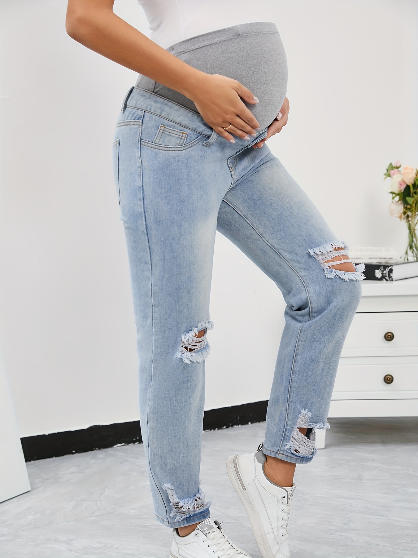 Comfy Stretchy Maternity Ripped Jeans Pregnant Womens - Temu