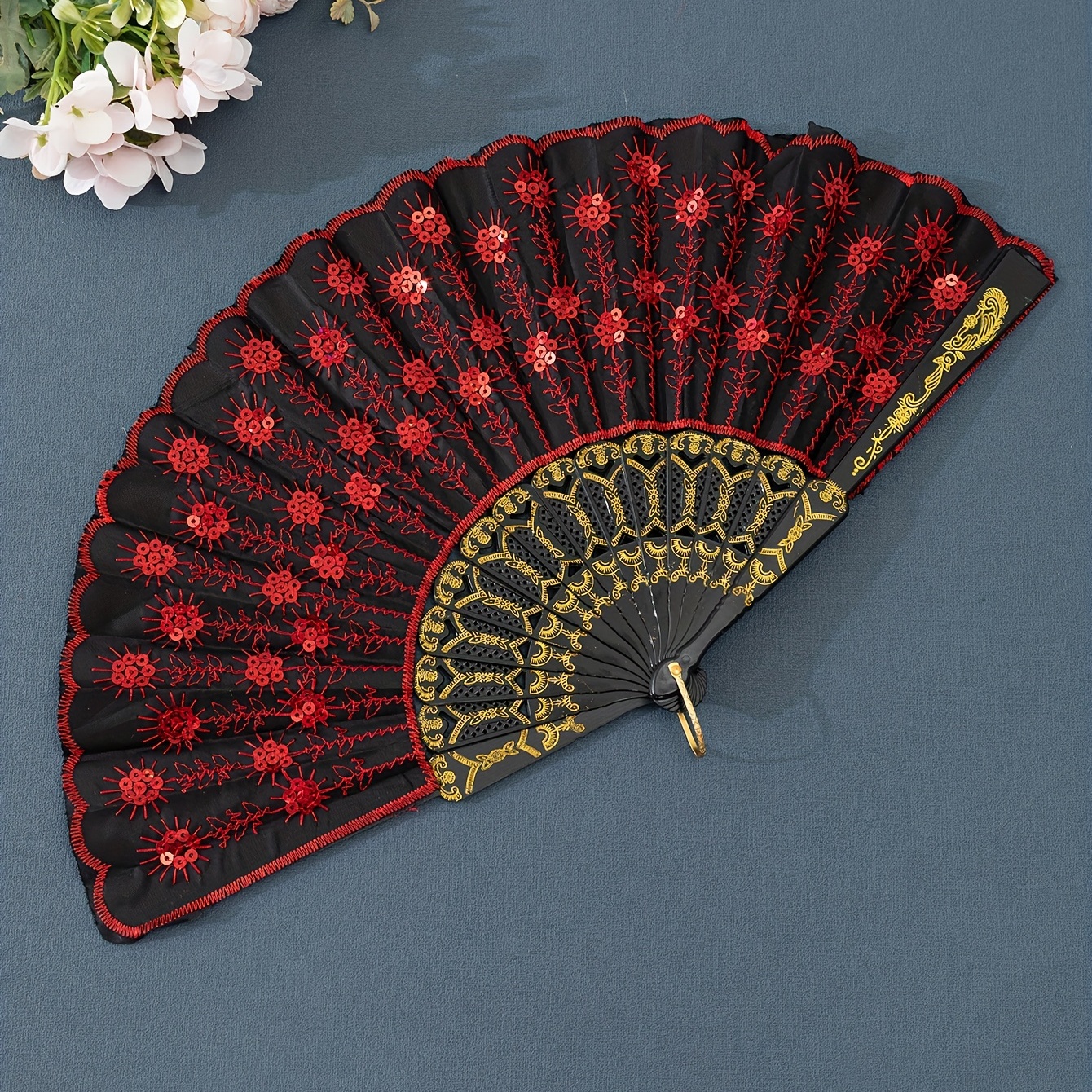 Sequin Flower Pattern Folding Fan Portable Folding Fan Stage - Temu