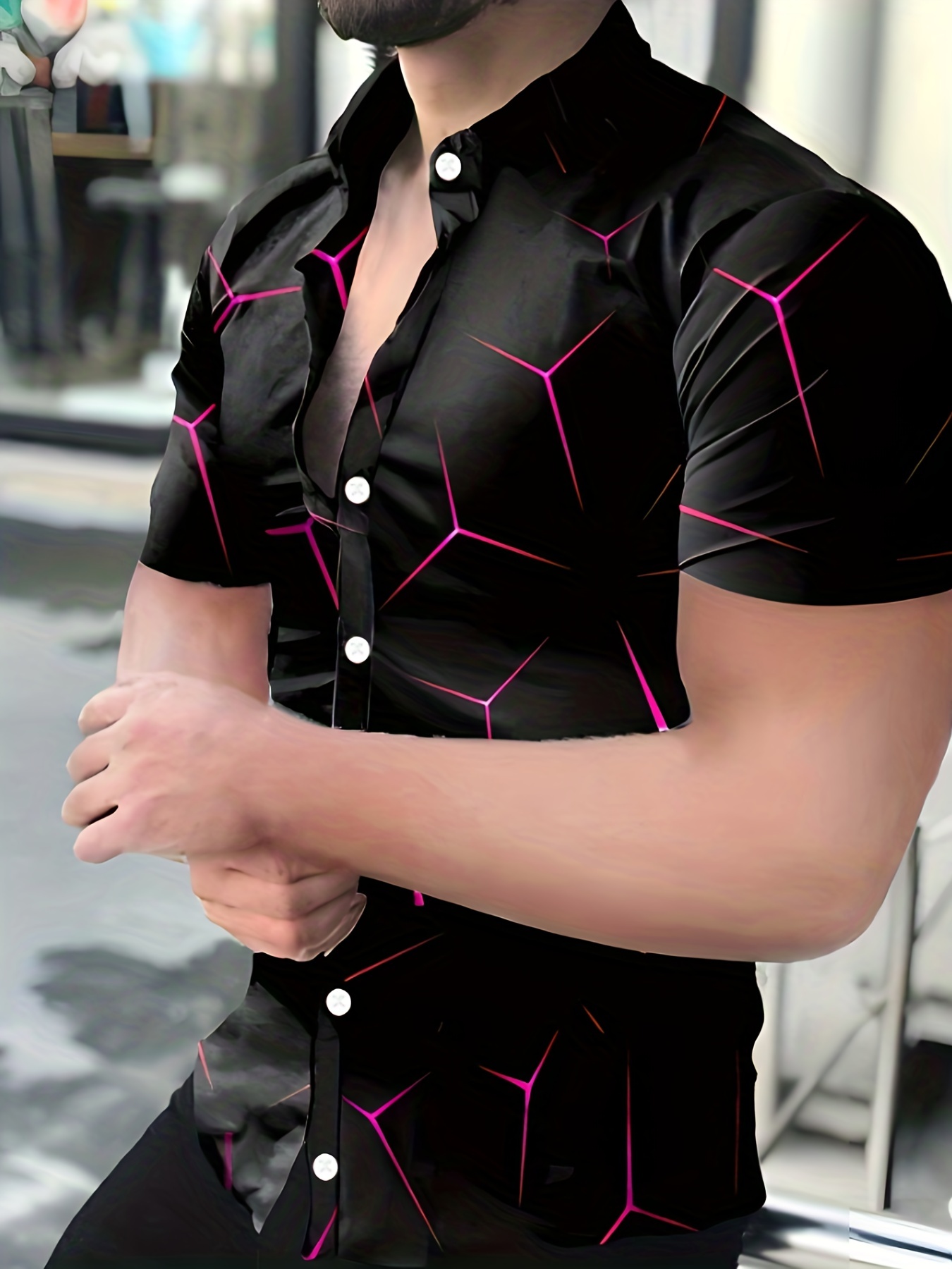 Geometric Mens Button up Shirt in Black Cube All Over Print Short Sleeved  Button Down Shirt Mens Fashion 