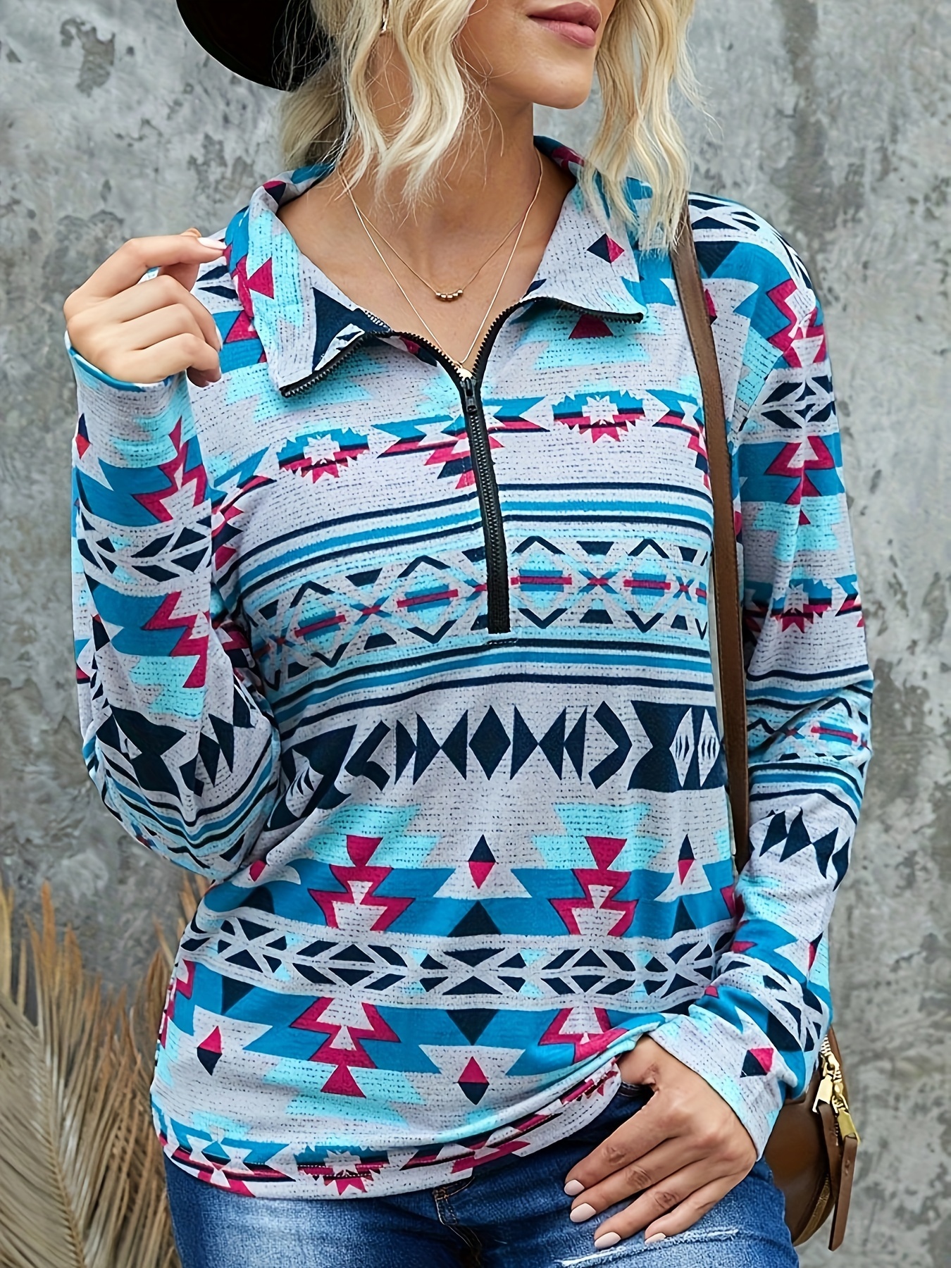 Aztec Print Quarter Zip Loose Sweatshirt, Casual Long Sleeve Western Style  Sweatshirt, Women's Clothing