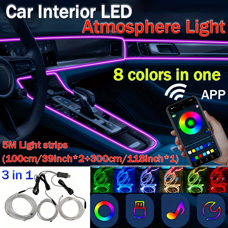 Comprar Tira de luces LED de ambiente Interior para coche, Kit de  iluminación de neón de atmósfera de fibra óptica RGB con Control por  aplicación remota, lámparas decorativas para coche