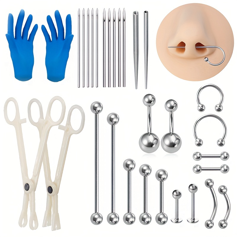Body Piercing Kit Tool Stainless Steel Needles Clamp Pliers Gloves Pull  Threaded Taper Pin For Lip Nose Tongue Cartilage Eyebrow Navel Piercing Set  Je