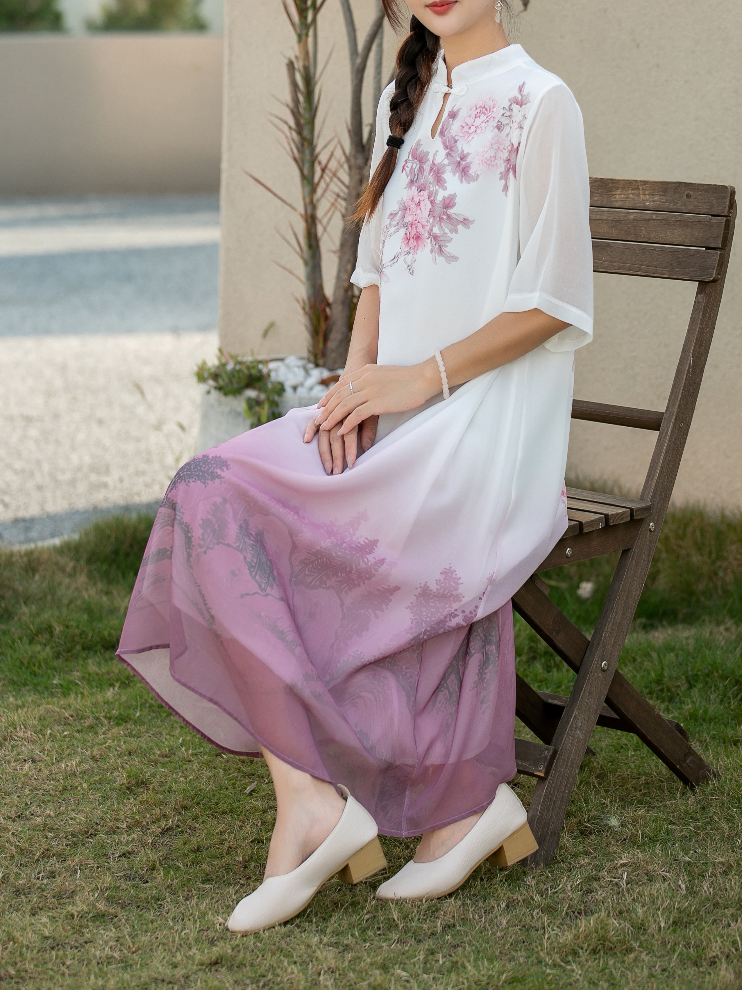 Gradient Floral Print Dress, Elegant Contrast Mesh Half Sleeve Dress For  Spring & Summer, Women's Clothing