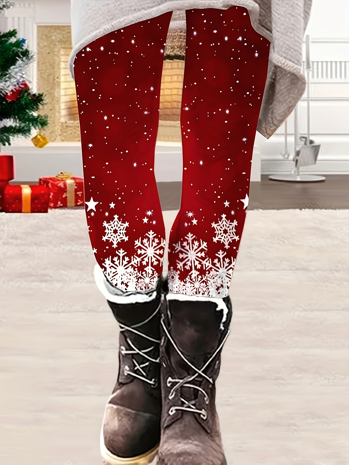 XMAS Leggings Womens Christmas Elastic Snowflake Pants Stocking Legging AUS