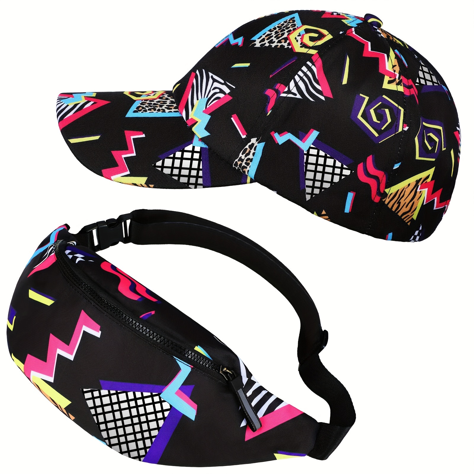 2pcs 80s 90s Fanny Pack And Bucket Hat Set For Men And Women Neon