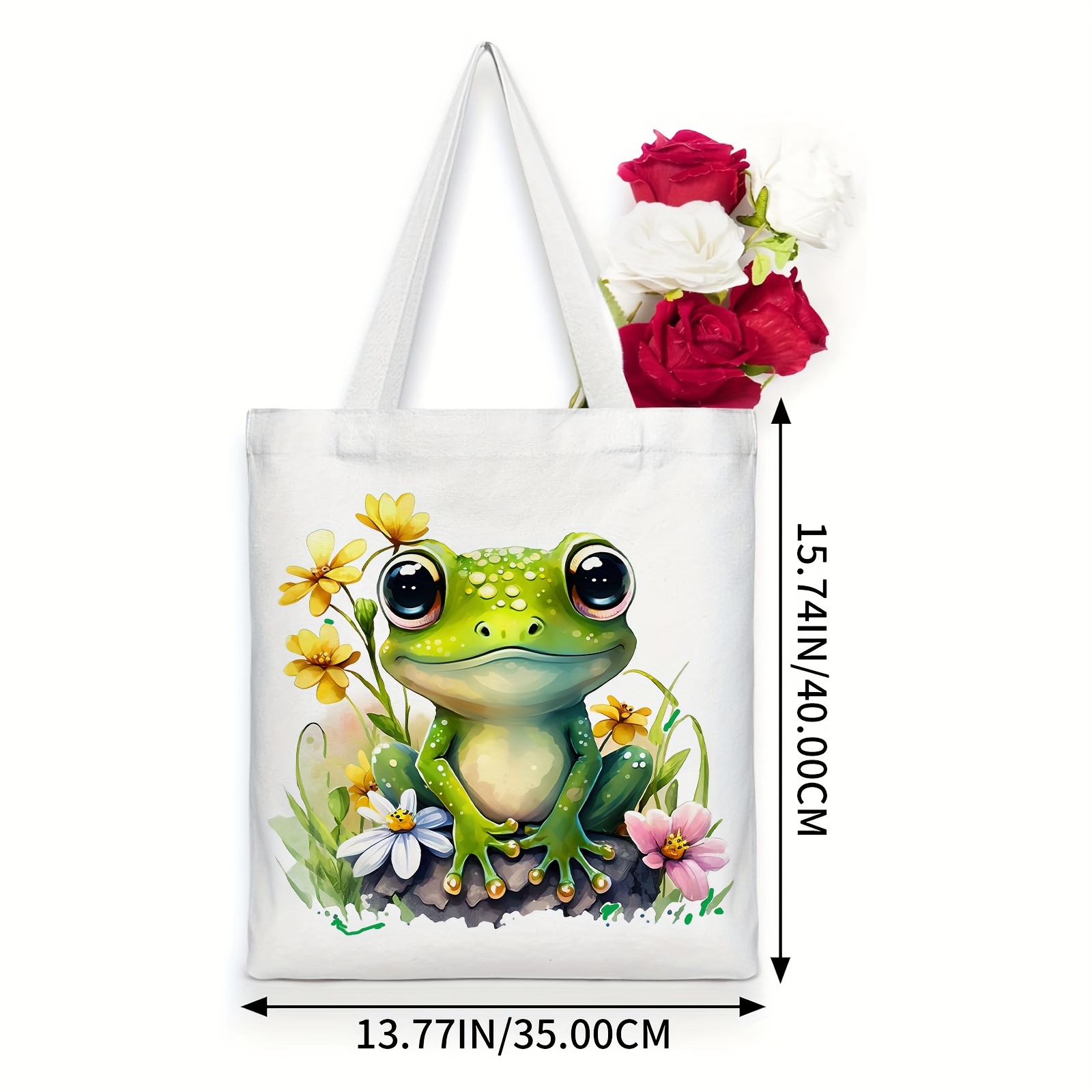 Frog Pattern Canvas Tote Bag, Women's Portable Anime Shoulder Bag
