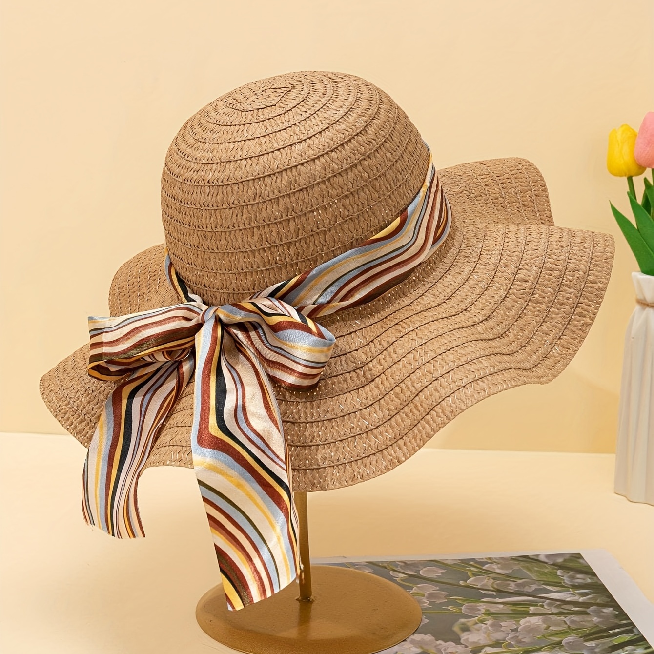 

Women's Stylish Large Brim Straw Hat With Striped Bowknot Ribbon - Sun & Uv Protection For The Beach!