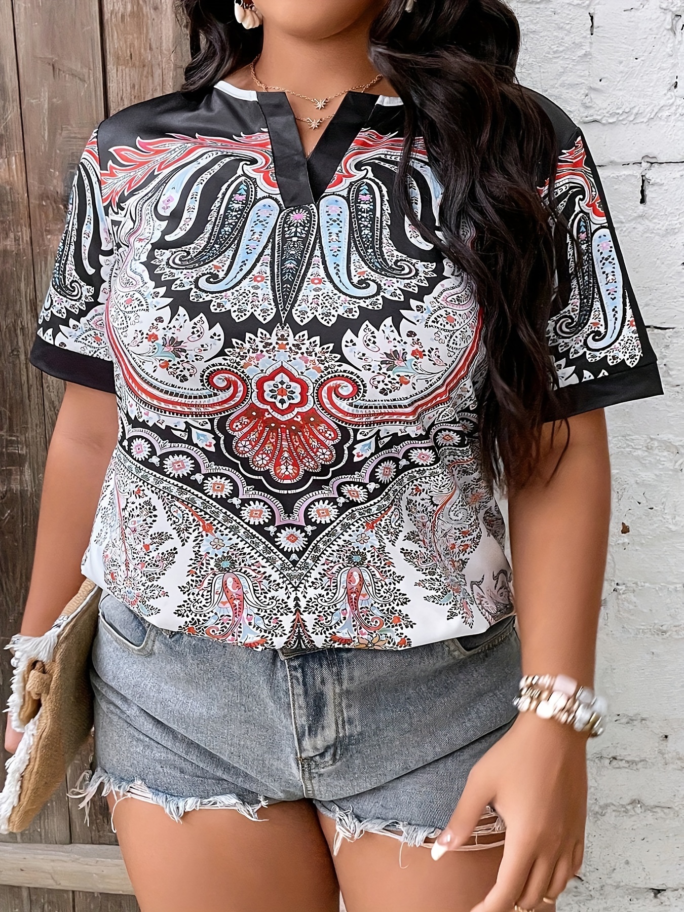 Plus Size Casual T-shirt, Women's Plus Floral Paisley Print Open