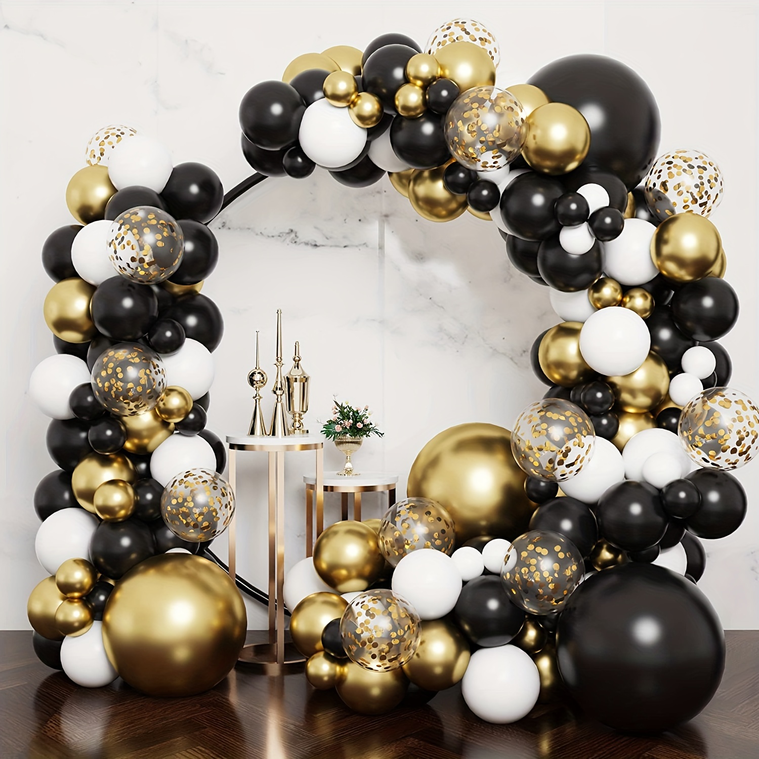 132pcs, 5/10/12/18 Inch Black Gold White Confetti Latex Balloon Arch  Garland For Birthday Prom Party Decorations, Party Decor Supplies