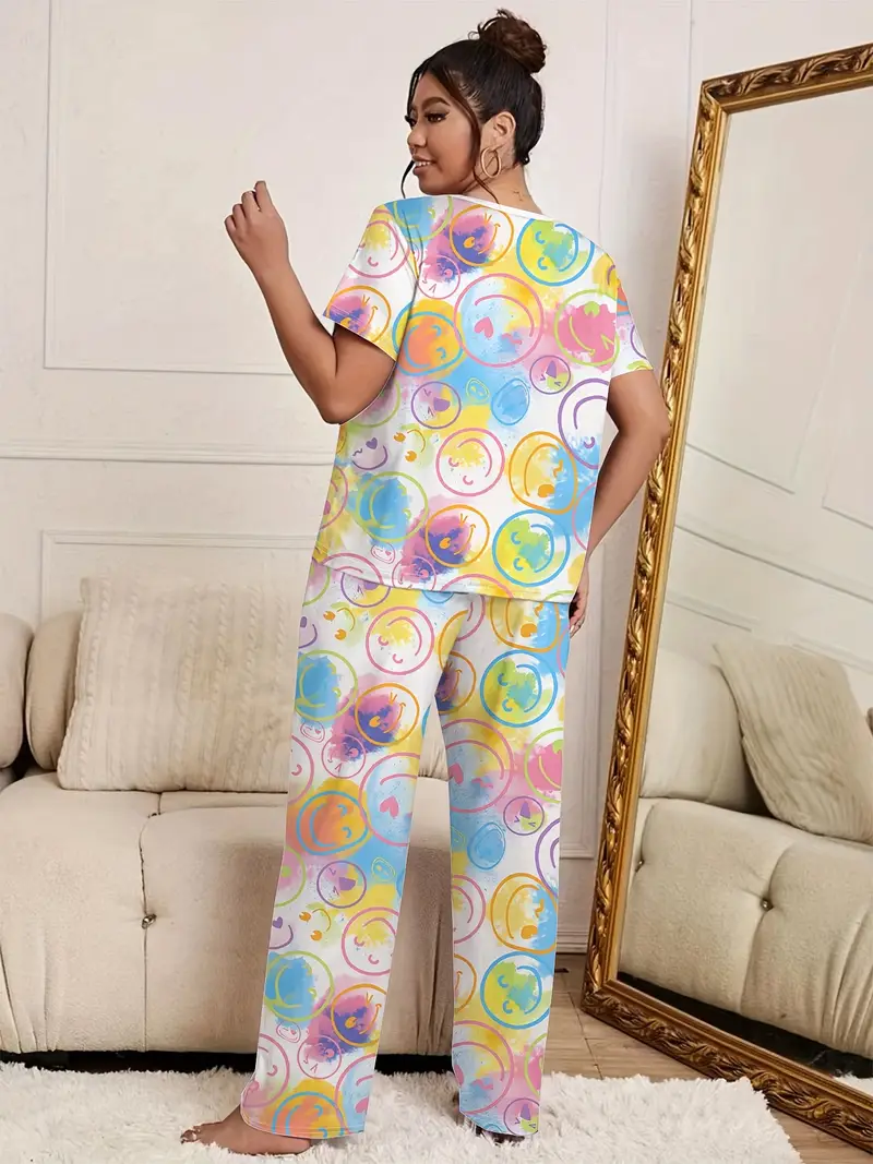 Plus Size Trendy Pajamas Set Women's Plus Tie Dye Smiling - Temu