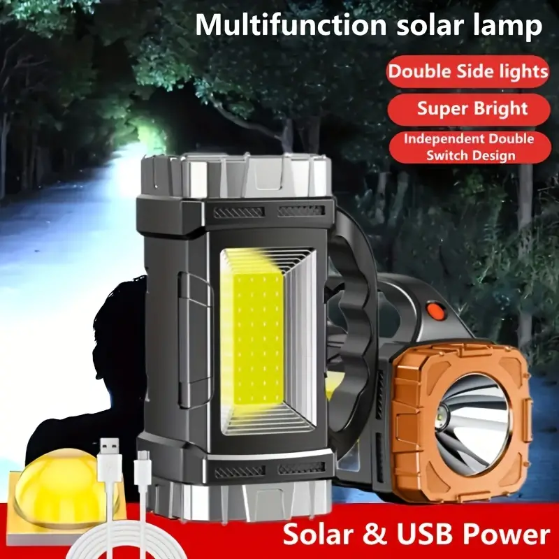 1pc solar portable light multi function outdoor led flashlight with cob side light and emergency flashing perfect for camping hiking and emergencies details 2