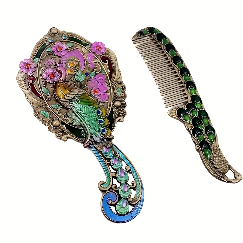 Vintage Peacock Handheld Mirror Comb Set