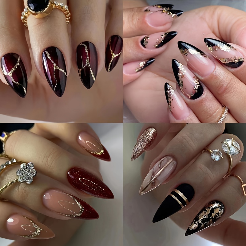 24Pcs Press on Nails Medium, Gold Foil Black Acrylic Nails Full Cover  Almond Shaped False Nails with Designs Glossy Glue on Nails Gold Glitters  Mable