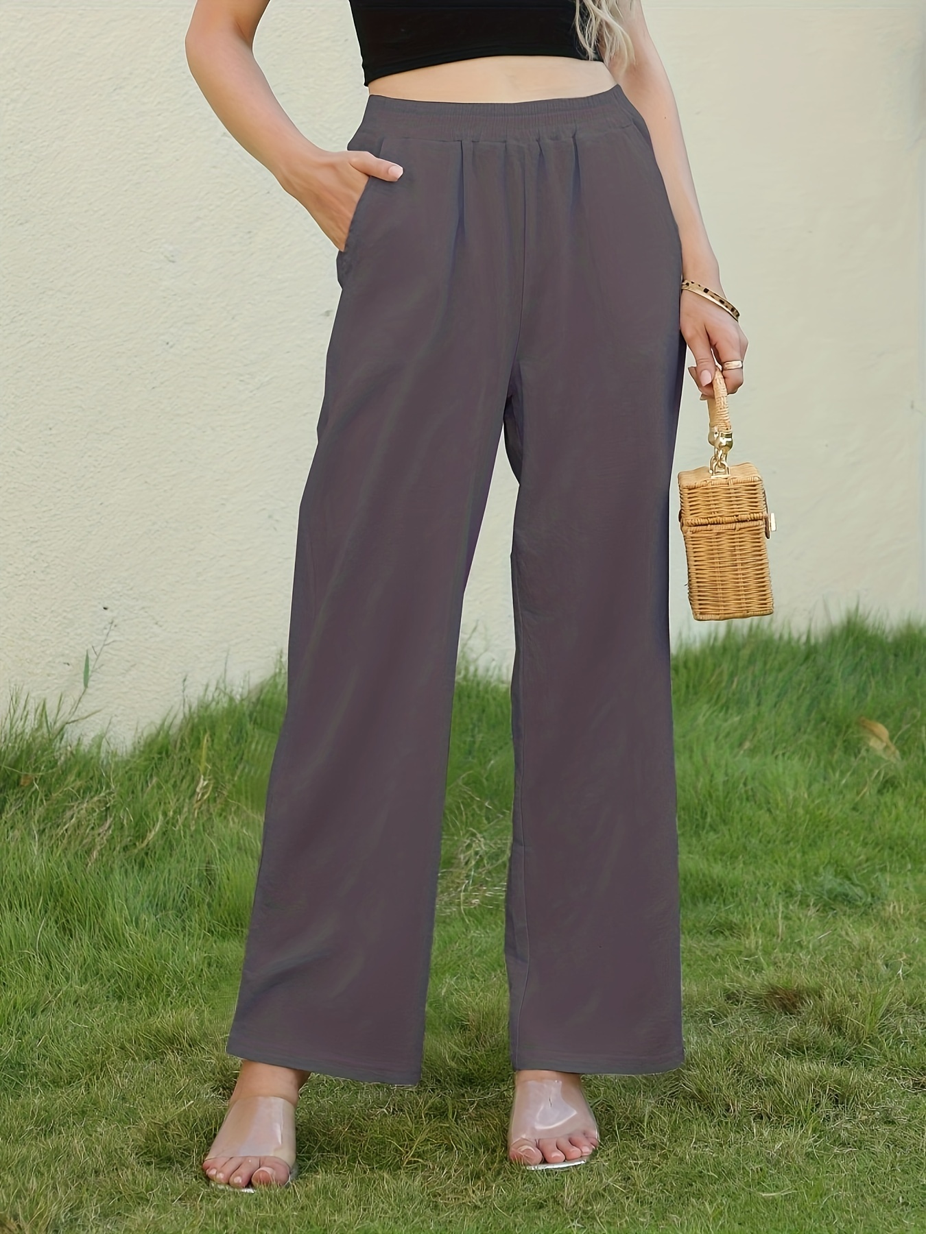 Solid Wide Leg Elastic Waist Pants, Casual Loose Pants